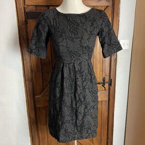 Toast Black Black Grey Jacquard 100% Wool 3/4 Sleeve Knee Length Dress UK 6